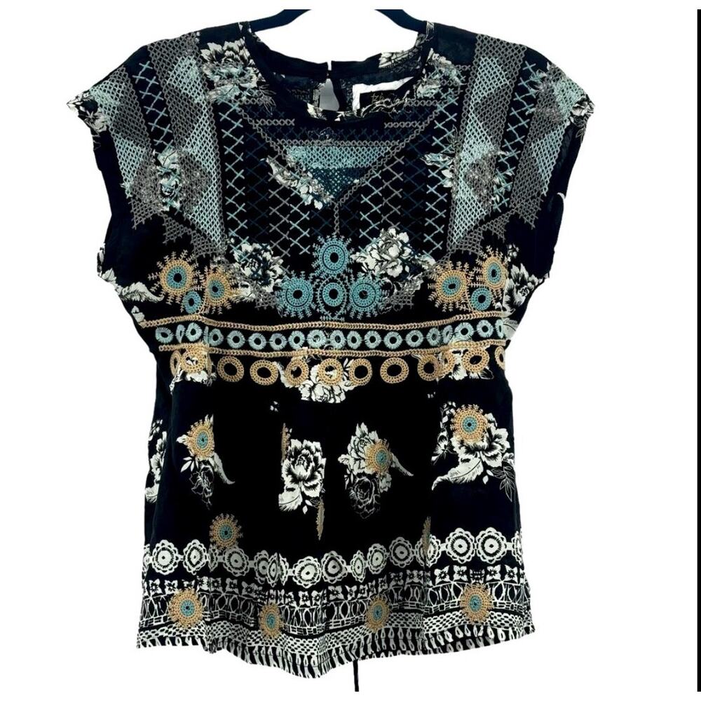 Johnny Was Embroidered Perlette Tie-Back Silk Blouse Short Sleeve Size S NWT